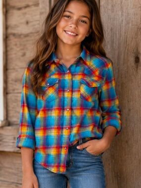 Roper Western Plaid Button-Up Shirt Rainbow Colorful Multicolor Large 10/12 Boho